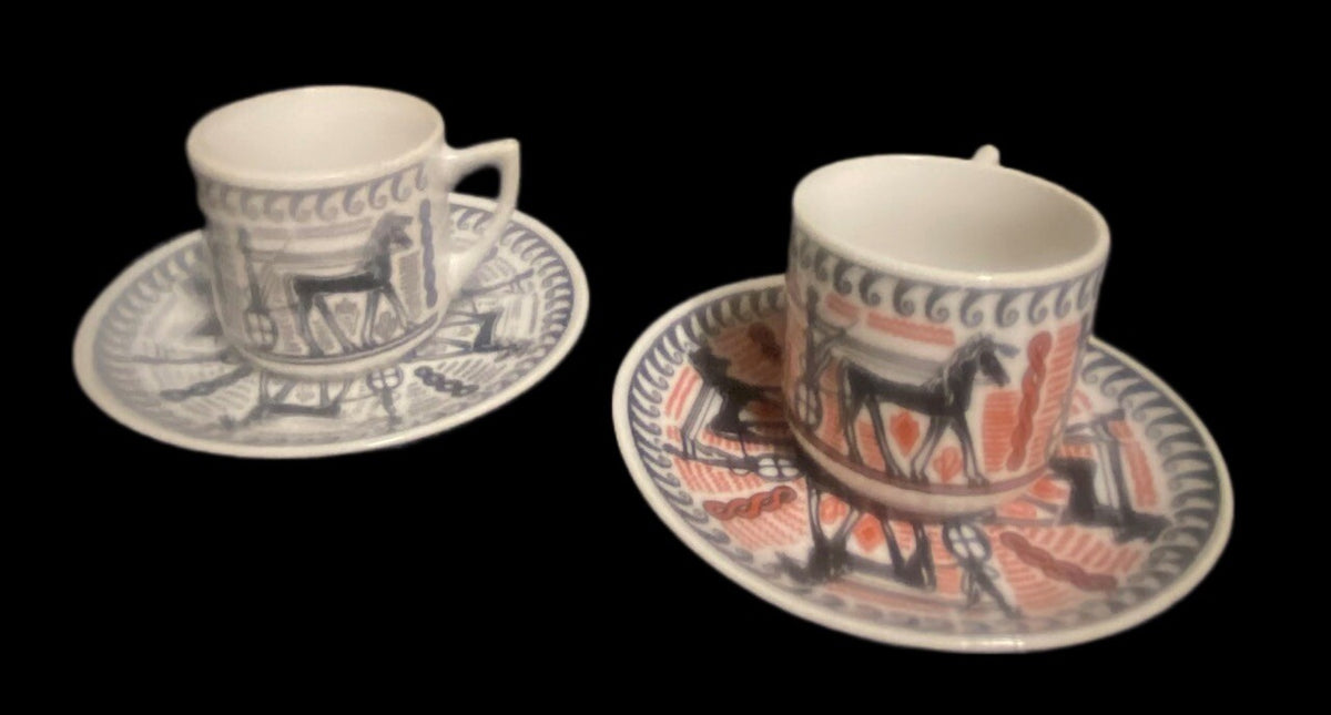 Vintage N. Leontaritis 2-Espresso Cups & 2-Saucers Horse Chariot Greece