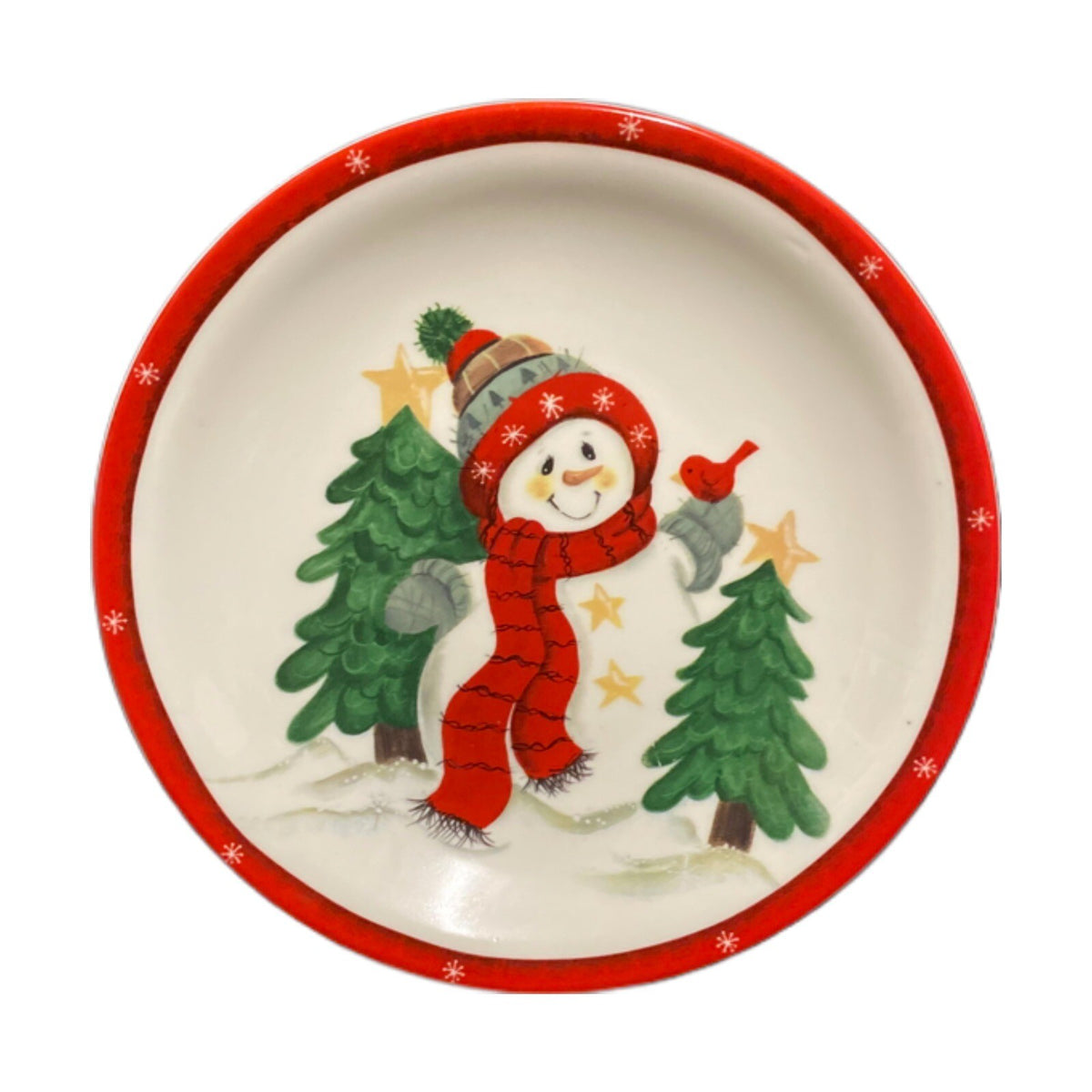 Studio 33 2-Salad Plates Holiday Snowman Red Bird Christmas Tree Stars Red Trim