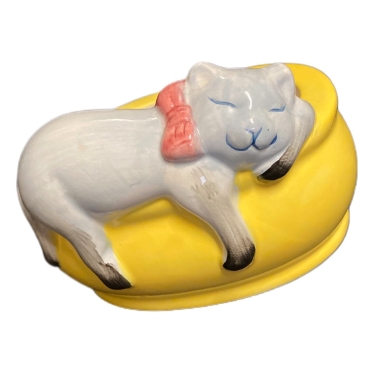 Ceramic Oval Yellow Planter Kitten Sleepy on Edge Cat Bluish Gray Meow Pink Bow