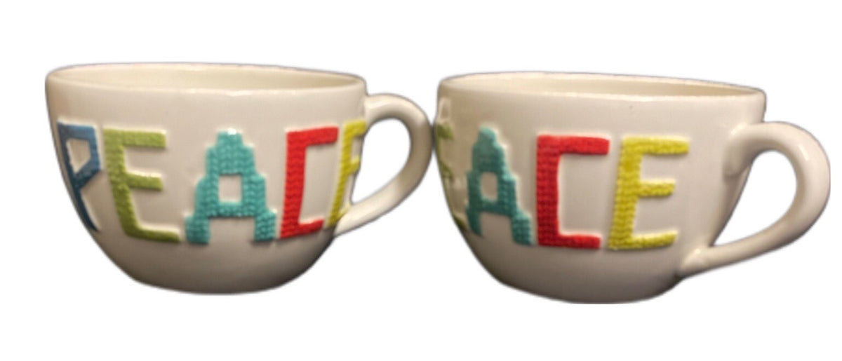 Threshold 2-Mugs PEACE Coffee Tea Stoneware Cream Café au lait Large Cup