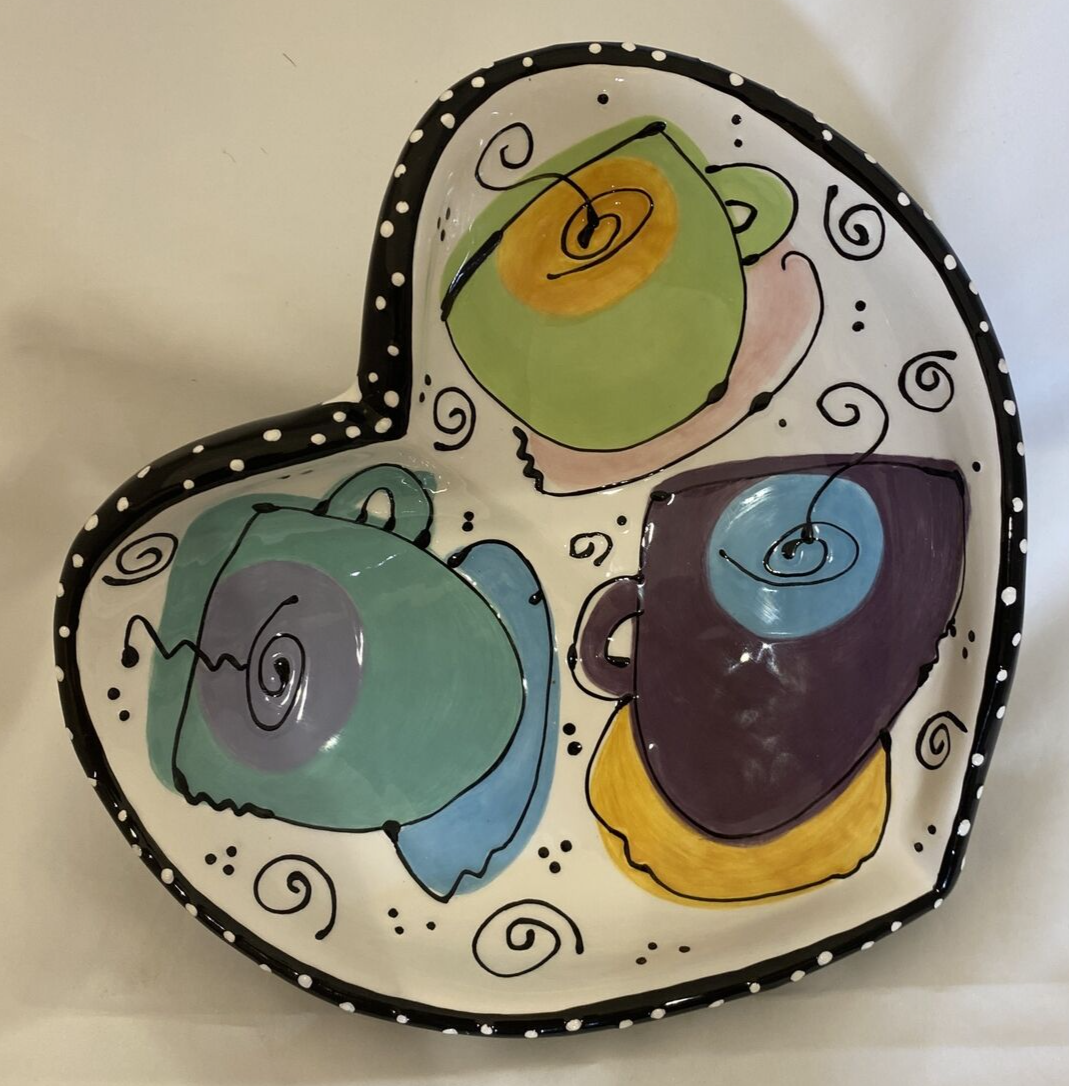 Joanne Delomba W/ Love For Lotus Serving Heart Shaped Dish Black Rim White Dots