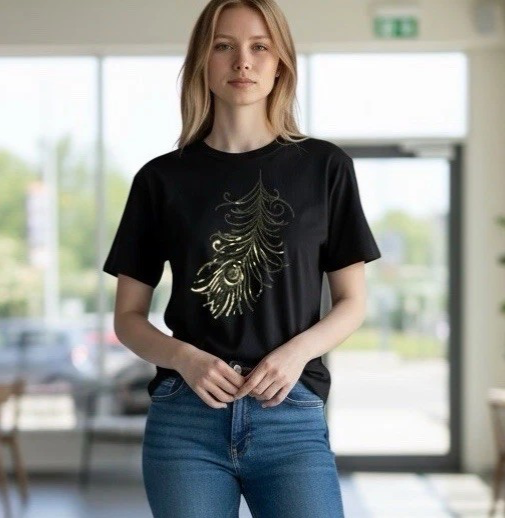 LOL Vintage Women’s Large Black T-Shirt ✦ Gold Sequin Peacock Feather Design Top