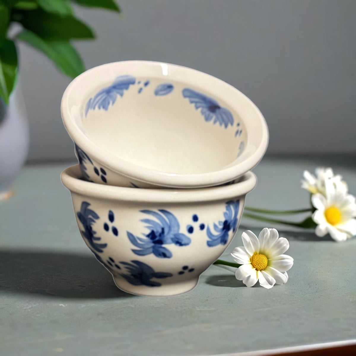 Hand Painted Collection 2-Mugs Tabletops Unlimited Blue Floral Coffee Tea Cups