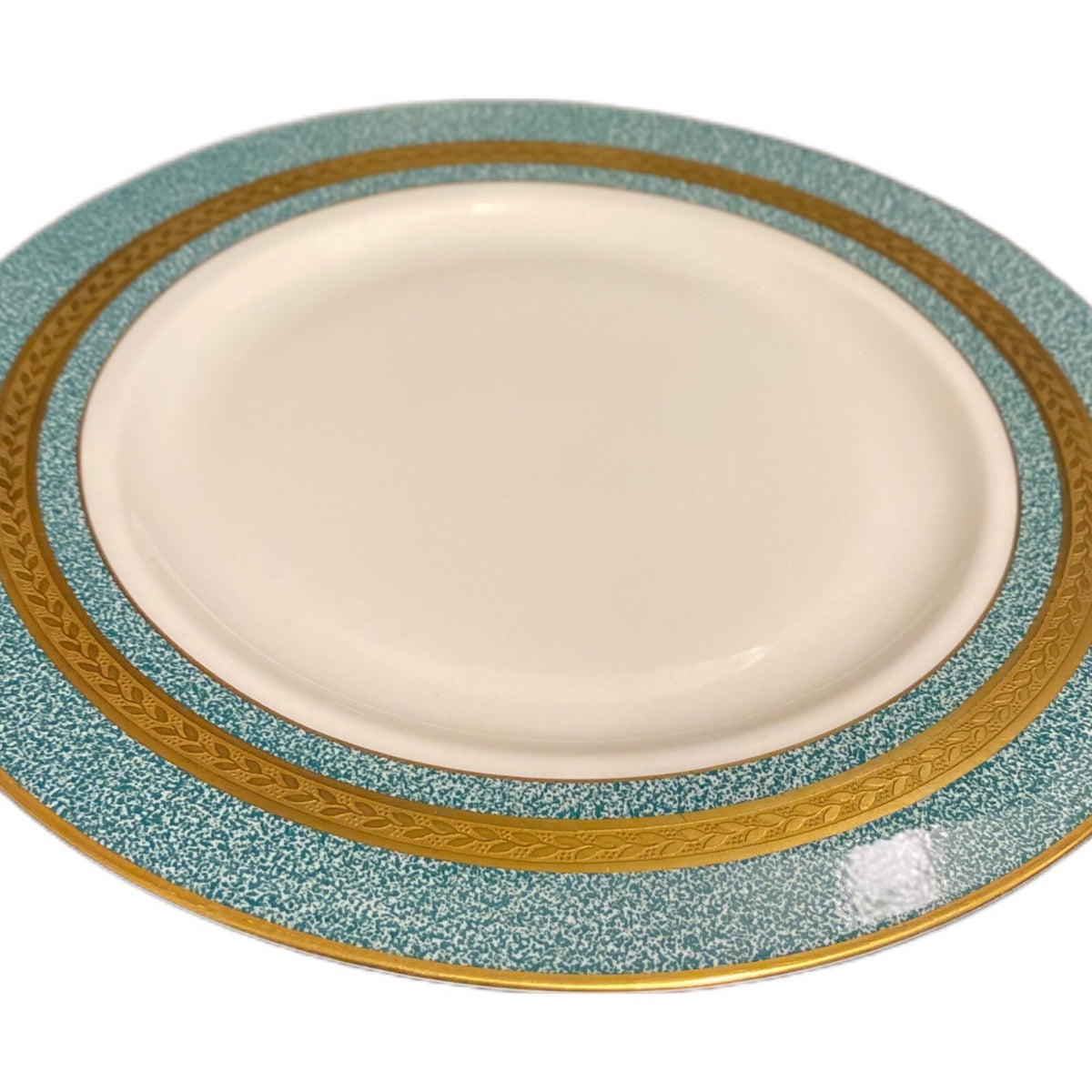 Theodore Haviland NY 4-Dinner Plates Green Mosaic Gold Trim Band Porcelain Dish