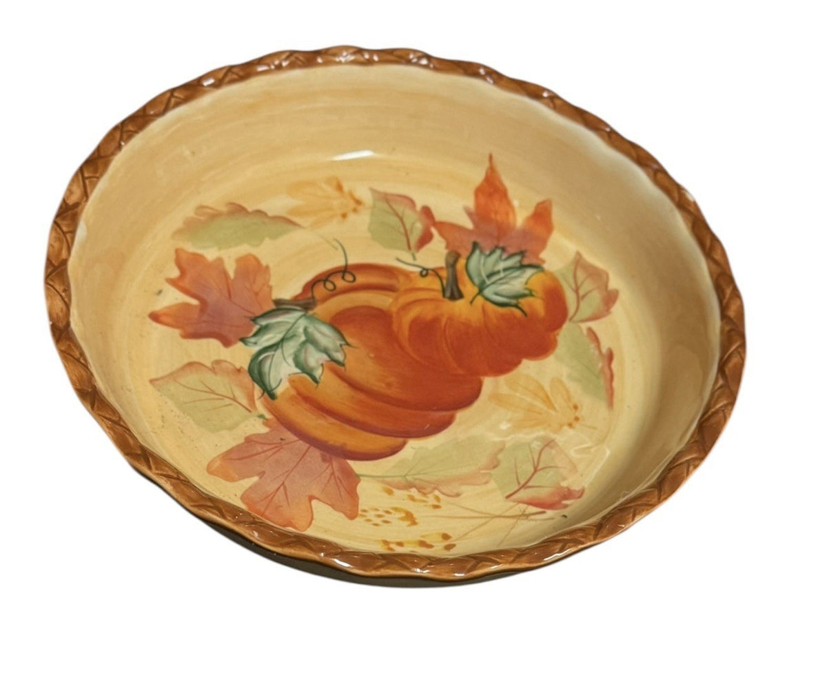 Home Accents Pumpkin Leaves 10.5” Scalloped Ceramic Serving Bowl Oven Safe