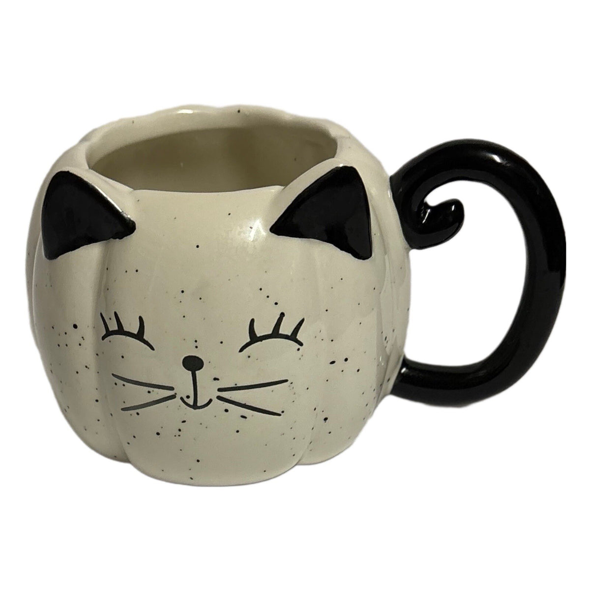 ECCOLO Mug Black & White Speckled Pumpkin Cat Coffee Tea 3D Face & Tail Handle