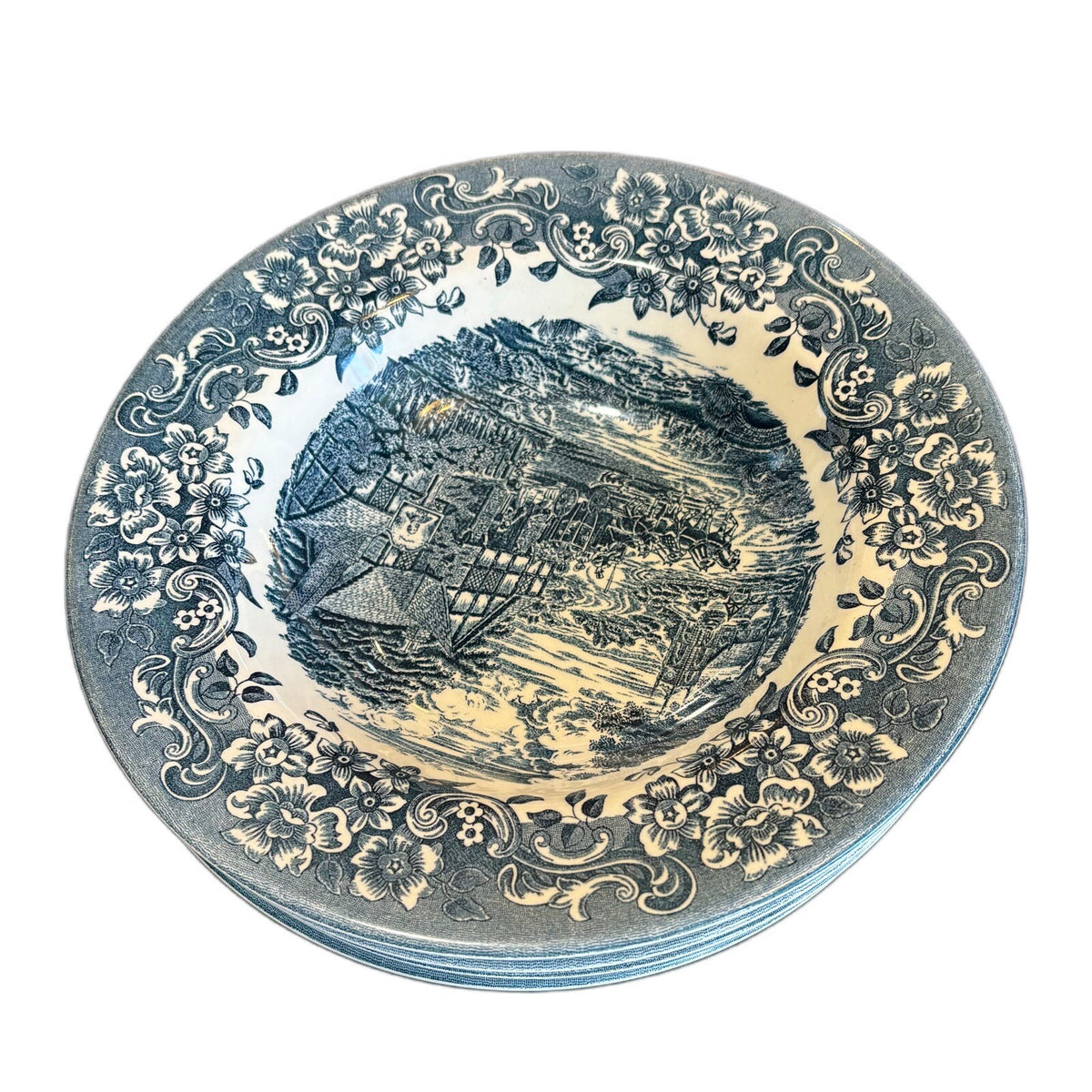 Staffordshire 4-Rim Soup Bowls Engravings 17th Century Blue 8.5"D