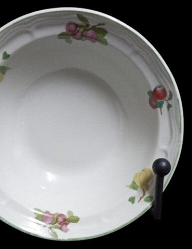 Gibson Designs ORCHARD 4-Cereal Bowl 6 ¾”D Green Trim Fruit Rim Cream Background
