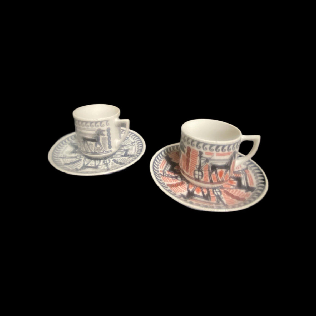 Vintage N. Leontaritis 2-Espresso Cups & 2-Saucers Horse Chariot Greece
