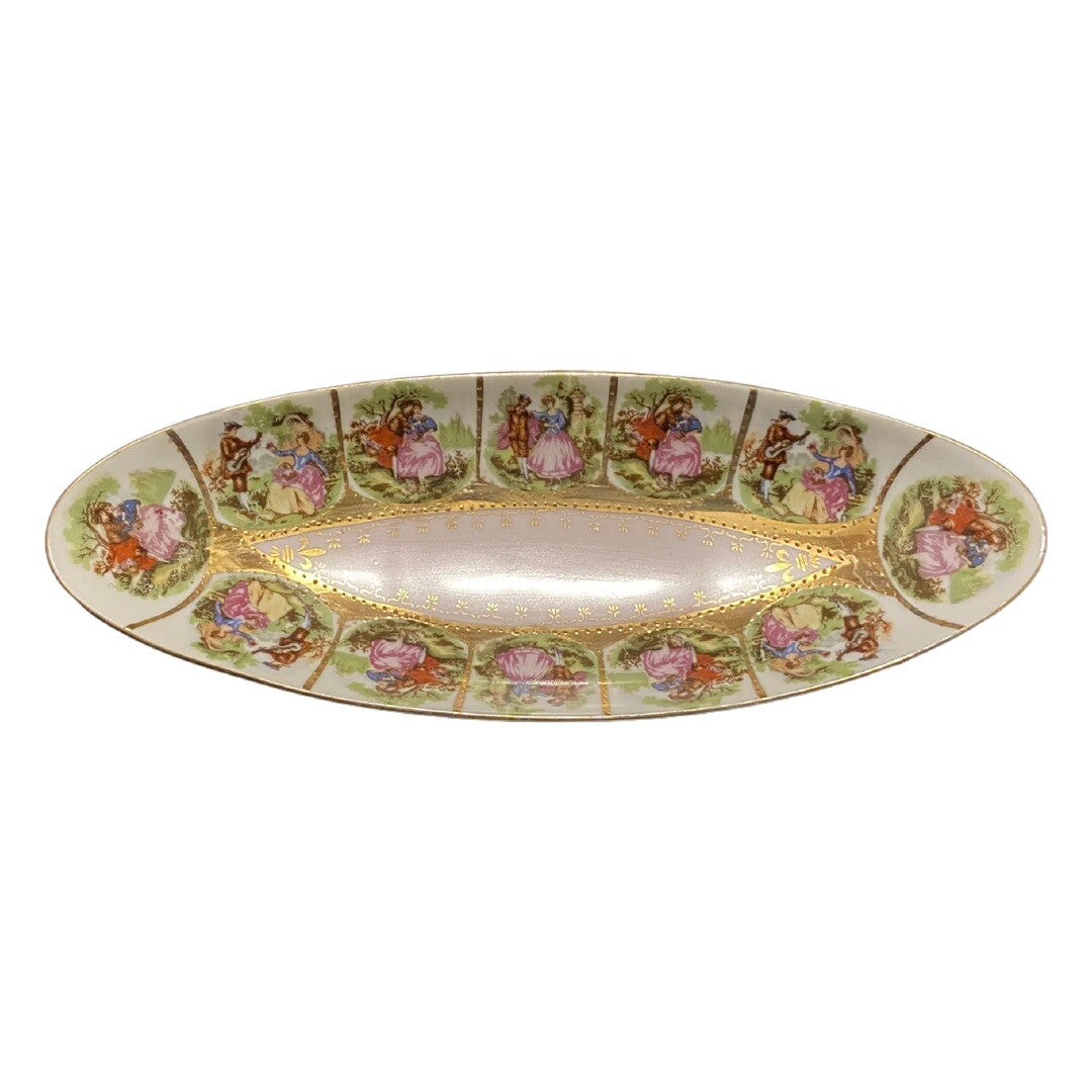 Vtg. Arnart Courting Couple Courtship Relish Trinket Dish Beehive Mark Gold Trim