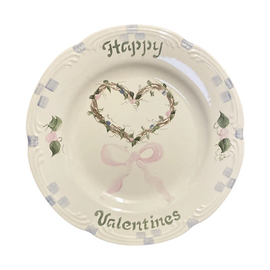 Pfaltzgraff Happy Valentines 10.5” Dinner Plate Heart Wreath Pink Bow
