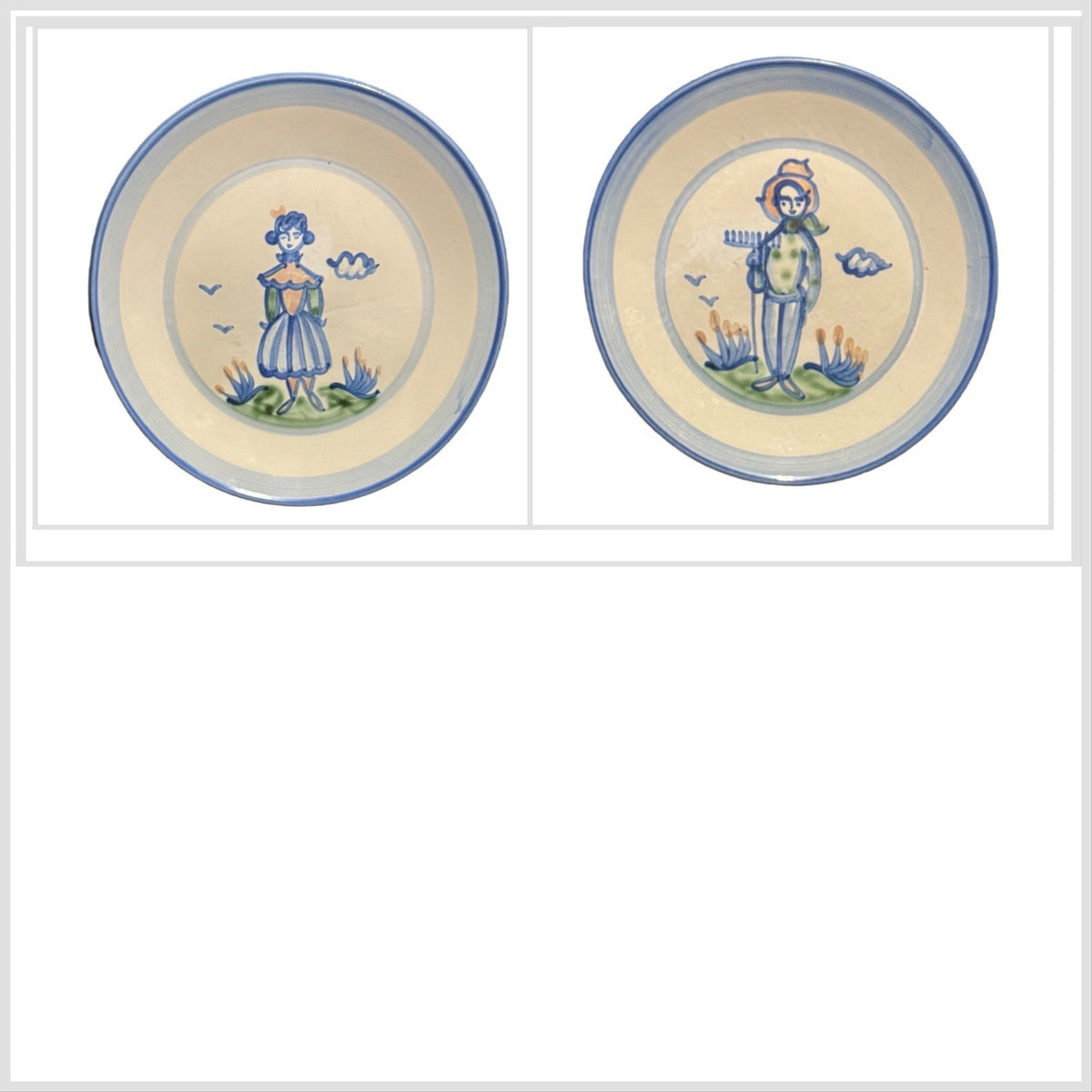 MA Hadley Pottery Plates Set of 2 Farmer Man Woman Hand Painted USA Folk Art