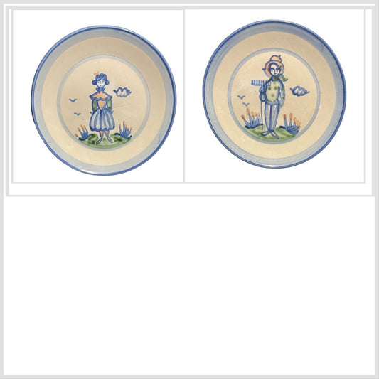 MA Hadley Pottery Plates Set of 2 Farmer Man Woman Hand Painted USA Folk Art