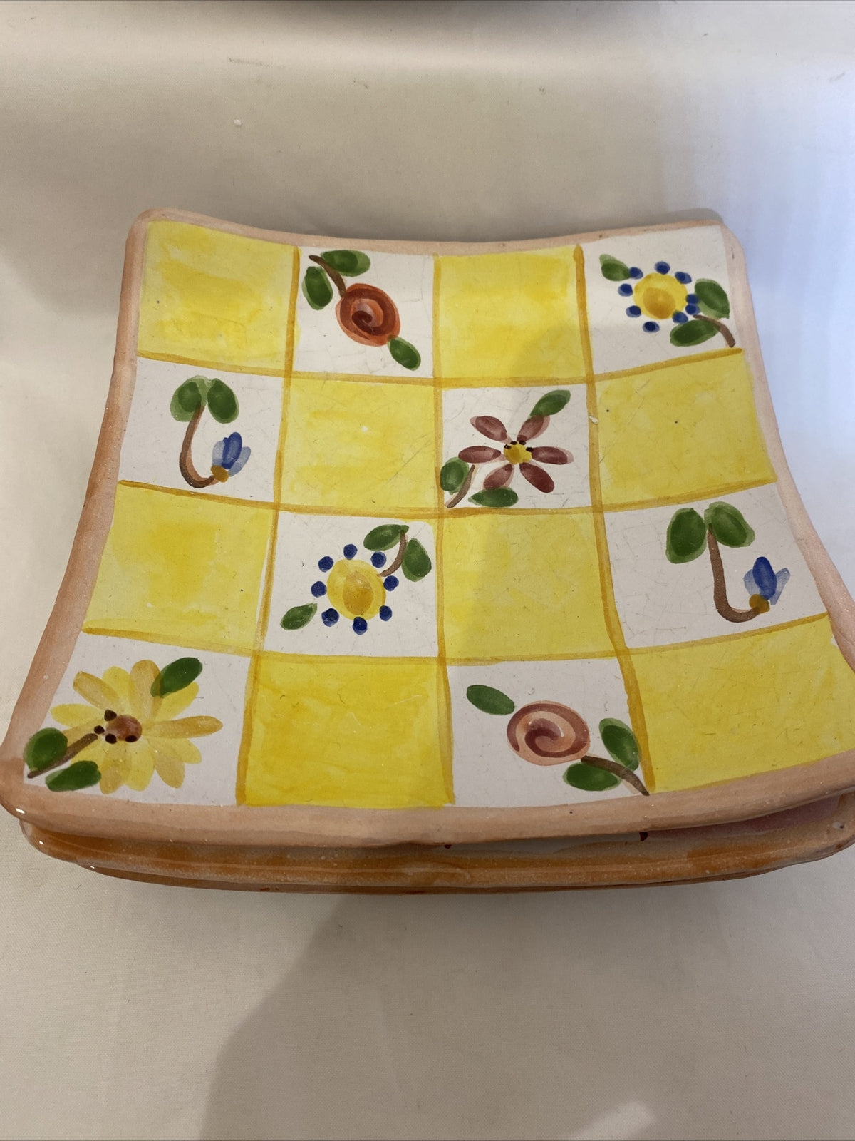 Rare Hand Painted And Signed 4-Square Salad Appetizer Tapas Clay Plates 6 3/4"SQ