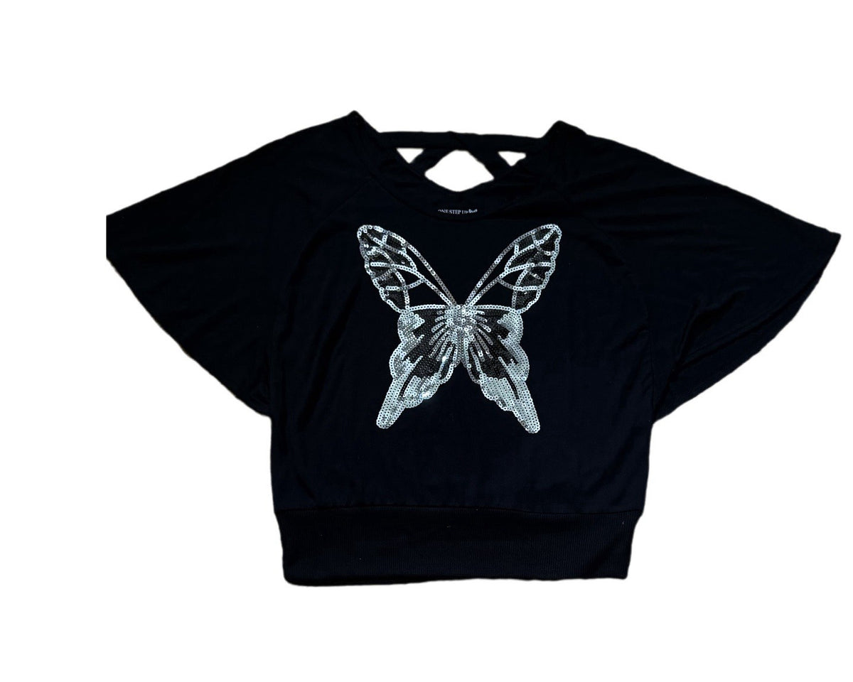 Girls L Black Sequin Butterfly Crop Top One Step Up Criss-Cross Back Tee