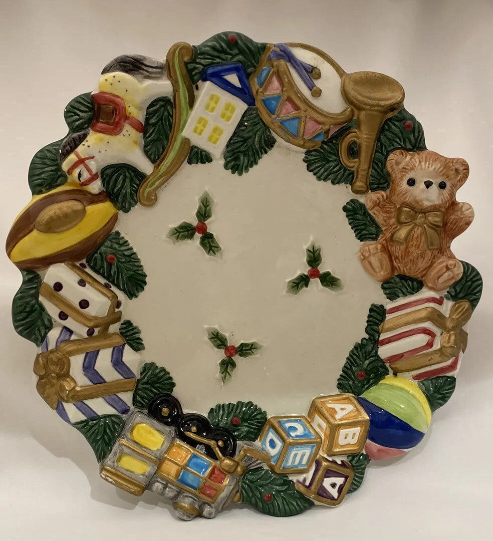 Fitz and Floyd Christmas Decor Plate w/Teddy Bear Toys Trumpet Drums ABC Cubes