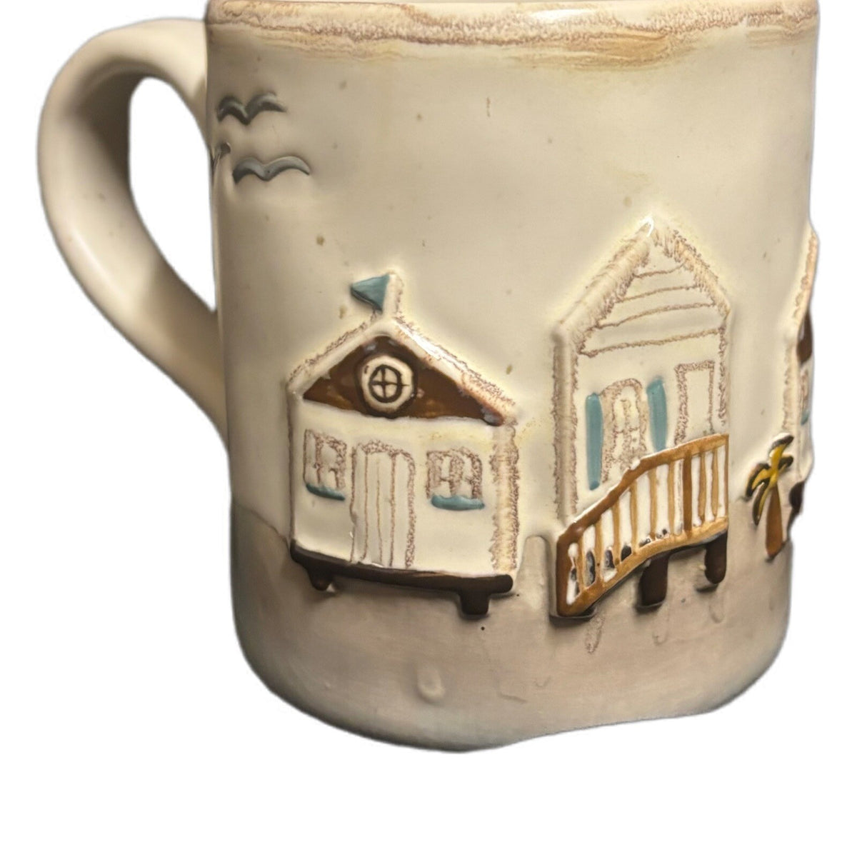 Mud Pie 3D Mug Ocean View Homes Seagulls Birds Beach Coffee Tea Stoneware Cup