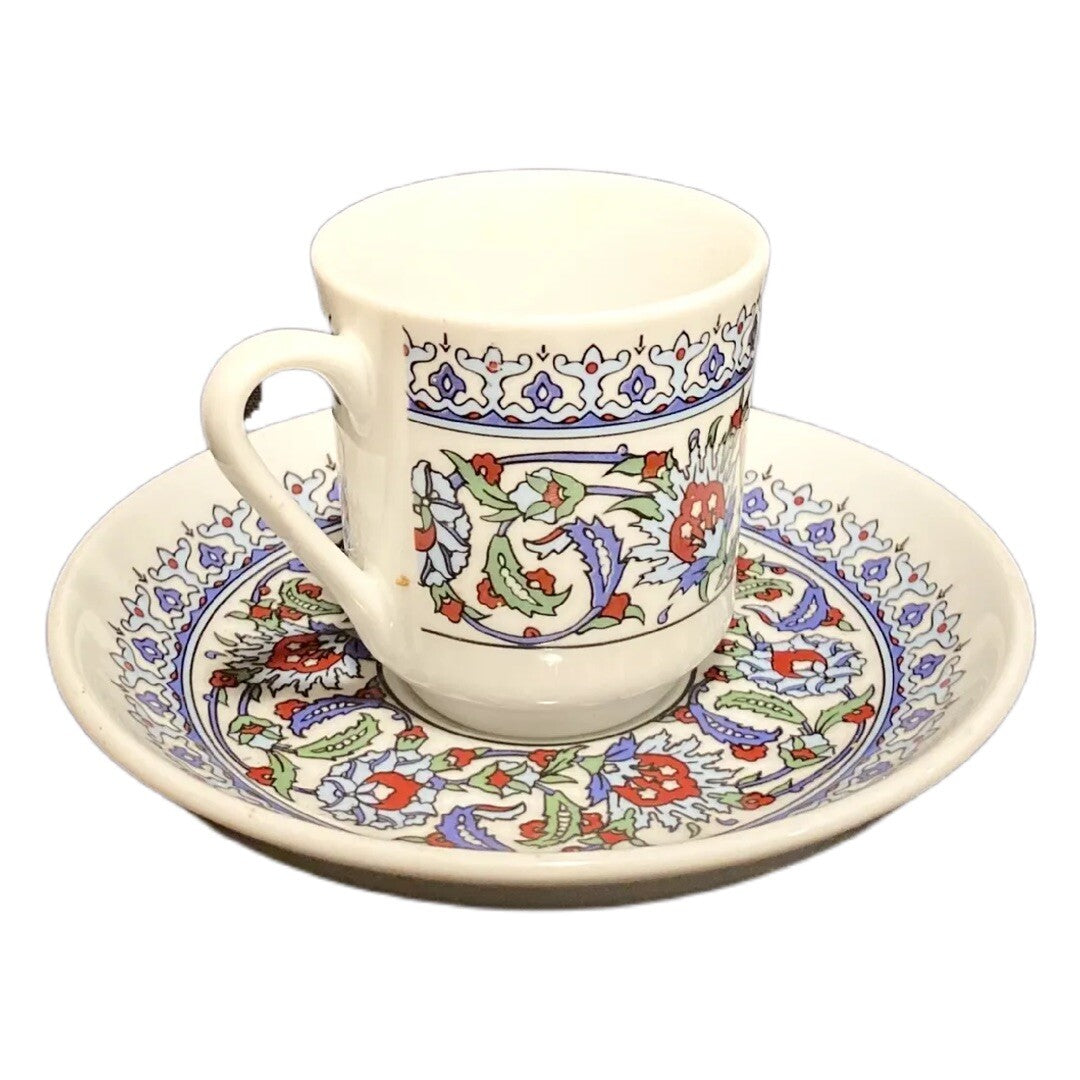 Turkish Coffee Espresso Cups & Saucers Set of 2 Floral Geometric Porcelain