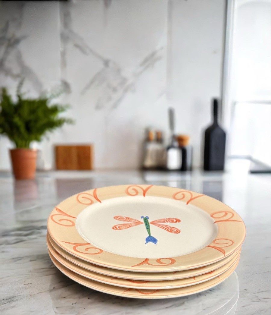 Retroneu DRAGONFLY 4-Dinner Plates Hand Painted Orange Blue White Round Ceramic
