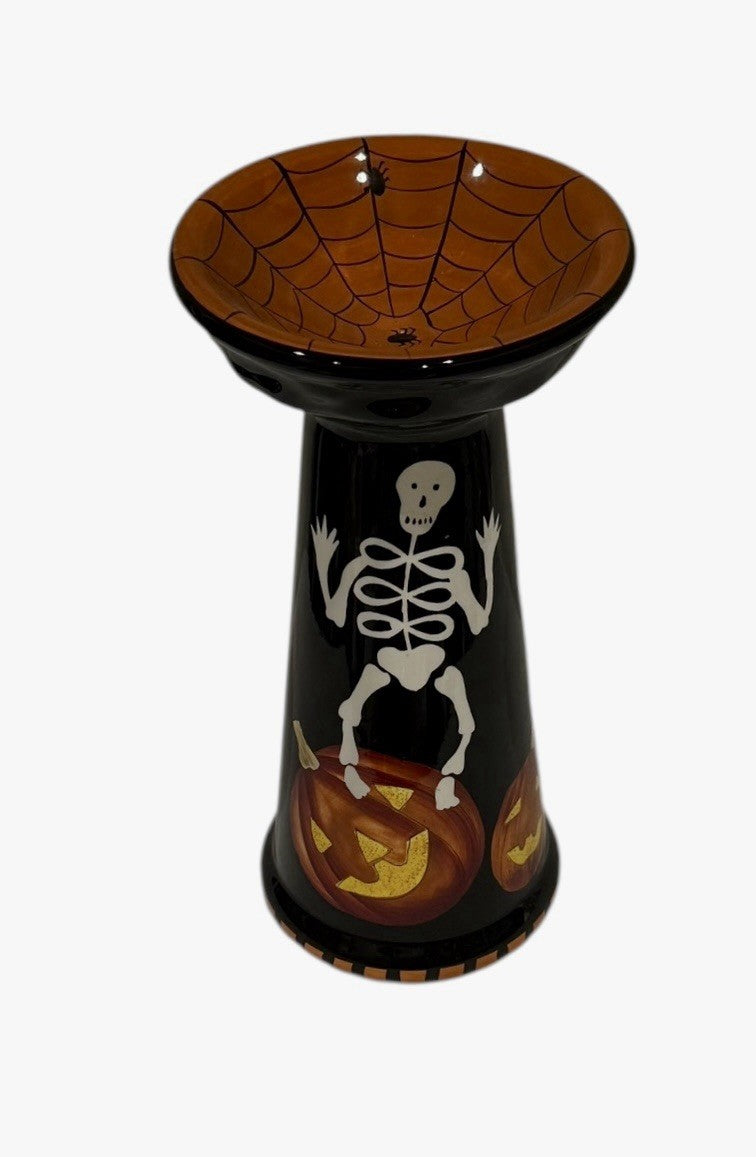 Gates Ware Halloween Skeleton Pumpkin Candy Bowl 11” Pedestal Spiderweb Ceramic