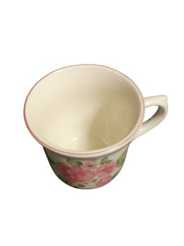 Gibson Designs ROSELAND 6-Cups & 6-Saucers Pink Roses Tan Body Pink Trim Ceramic