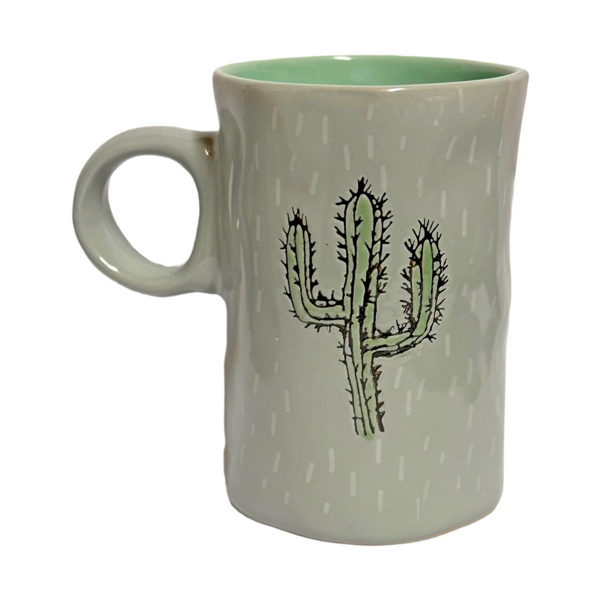 I LOVE IT 2-CACTUS Mugs Green Grey Tea Latte Cup Embossed Prickly Desert Cactus