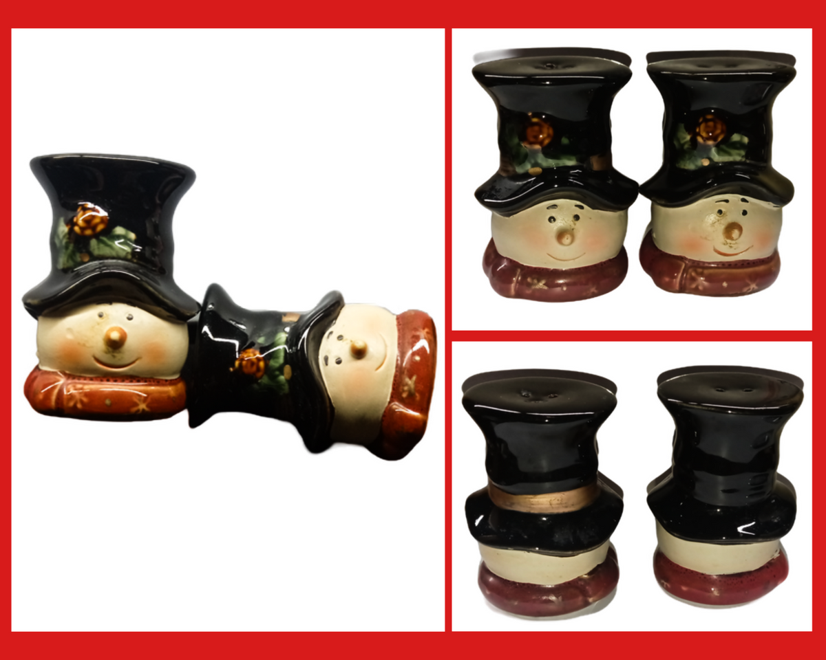 Vintage Ceramic Pottery Snowman Heads Salt and Pepper Shakers 3”H x 2”D