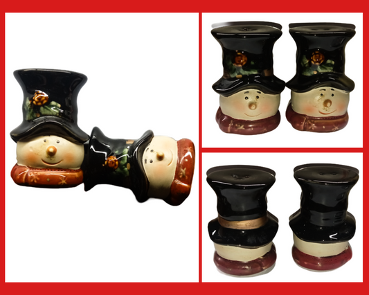 Vintage Ceramic Snowman Heads Salt & Pepper Shakers, 3"