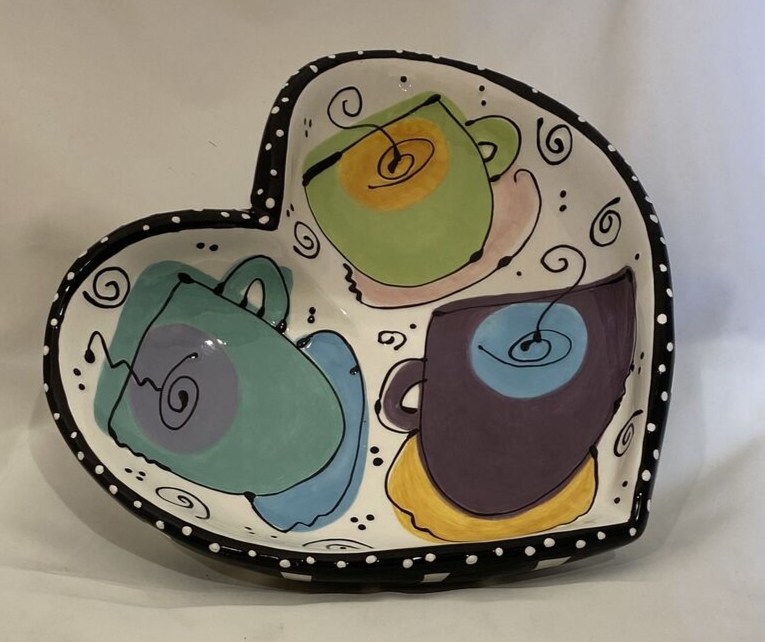 Joanne Delomba W/ Love For Lotus Serving Heart Shaped Dish Black Rim White Dots