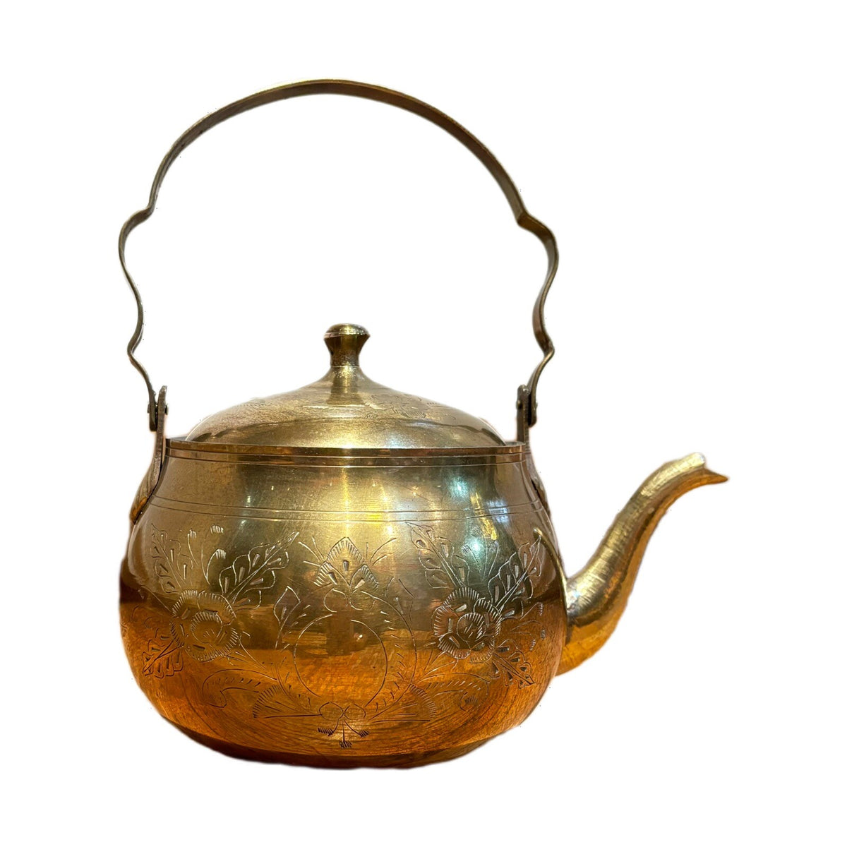 Vintage Solid Brass Teapot Kettle & lid Etched Floral Folding Handle India