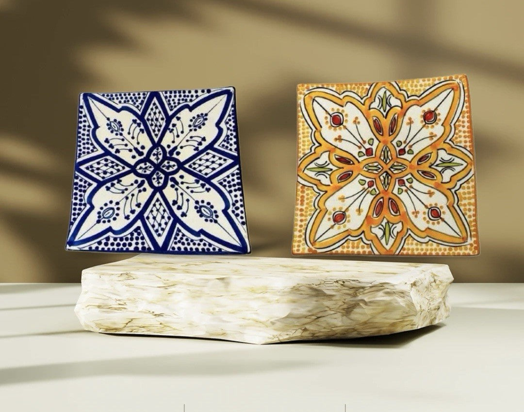 Set of 6 Moroccan Hand Painted Pottery Plates – 3 Blue, 3 Orange Square 6.5”