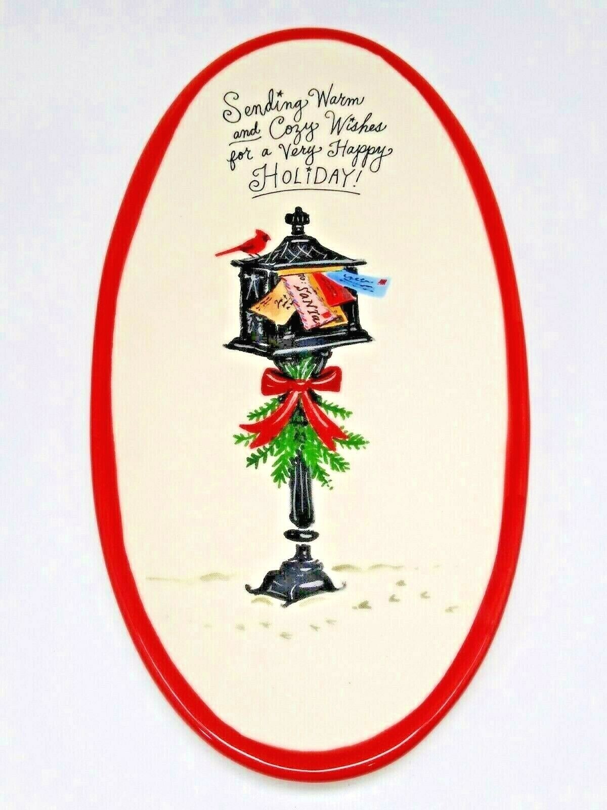 Angela Stachling Oval Plate Booville Magenta Ceramic Christmas Platter 11 7/8”L