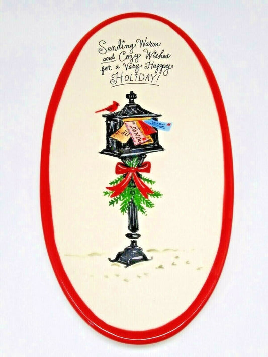 Angela Stachling Oval Plate Booville Magenta Ceramic Christmas Platter 11 7/8”L