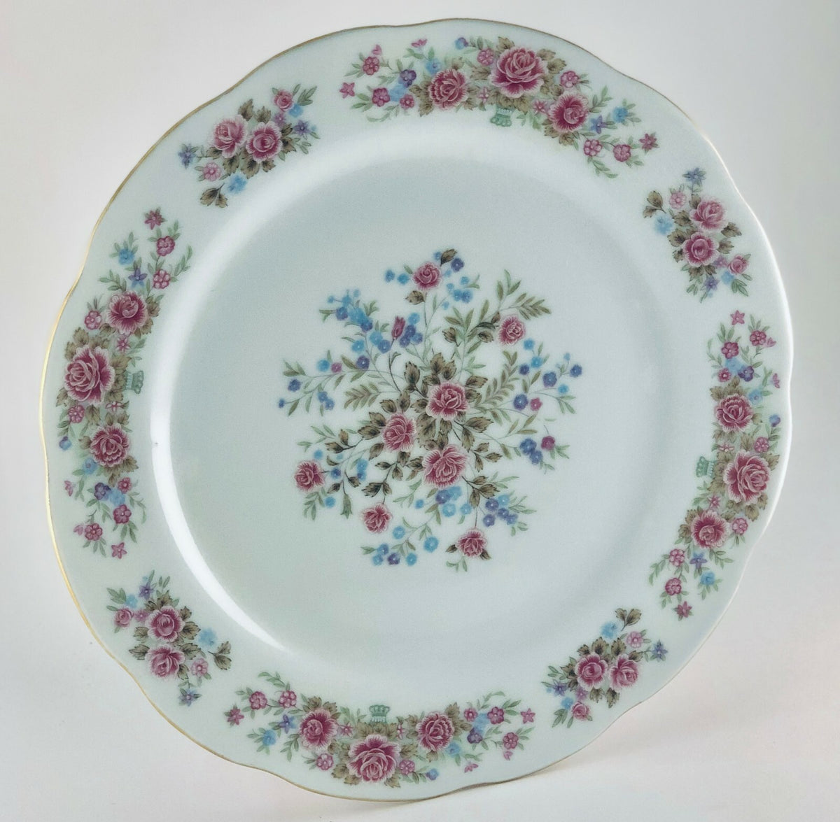 REMINGTON Fine China By Red Sea Pink Roses Blue Flowers Gold Trim Dinnerware