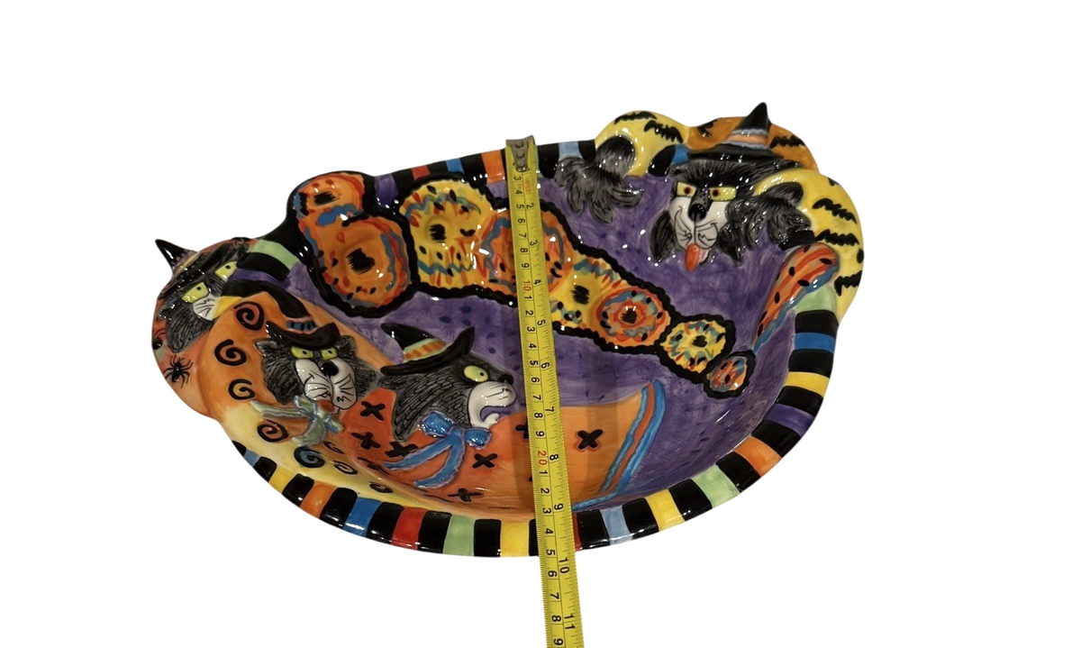 Fitz and Floyd Kitty Witches Halloween Cat Bowl Large 14” Handcrafted Ceramic