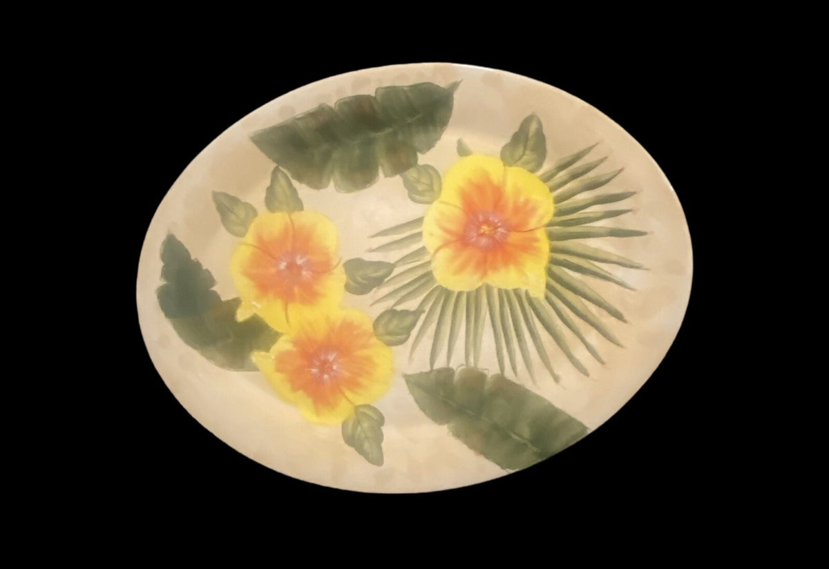 GARDEN RIDGE Pottery Oval Serving Platter Ceramic Floral Palm Leaves Tray