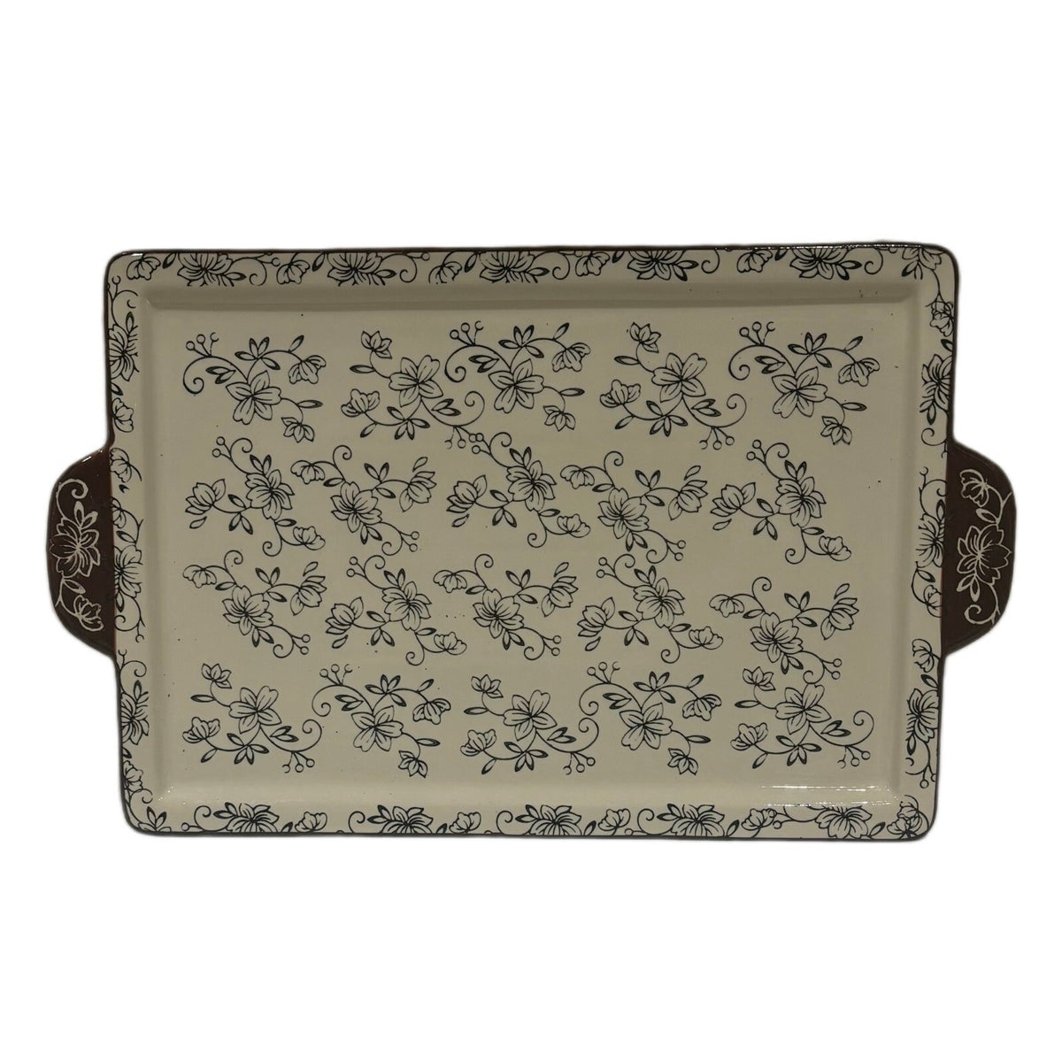Temp-tations FLORAL LACE Serving Platter Ovenware Tray Burgundy Handles & Border