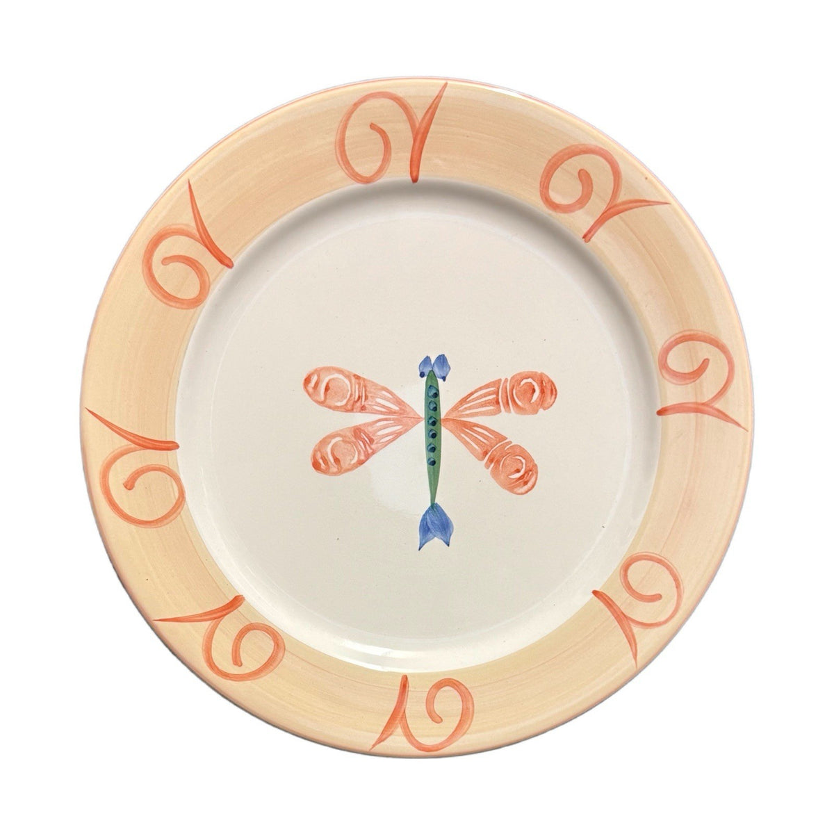 Retroneu DRAGONFLY 4-Dinner Plates Hand Painted Orange Blue White Round Ceramic