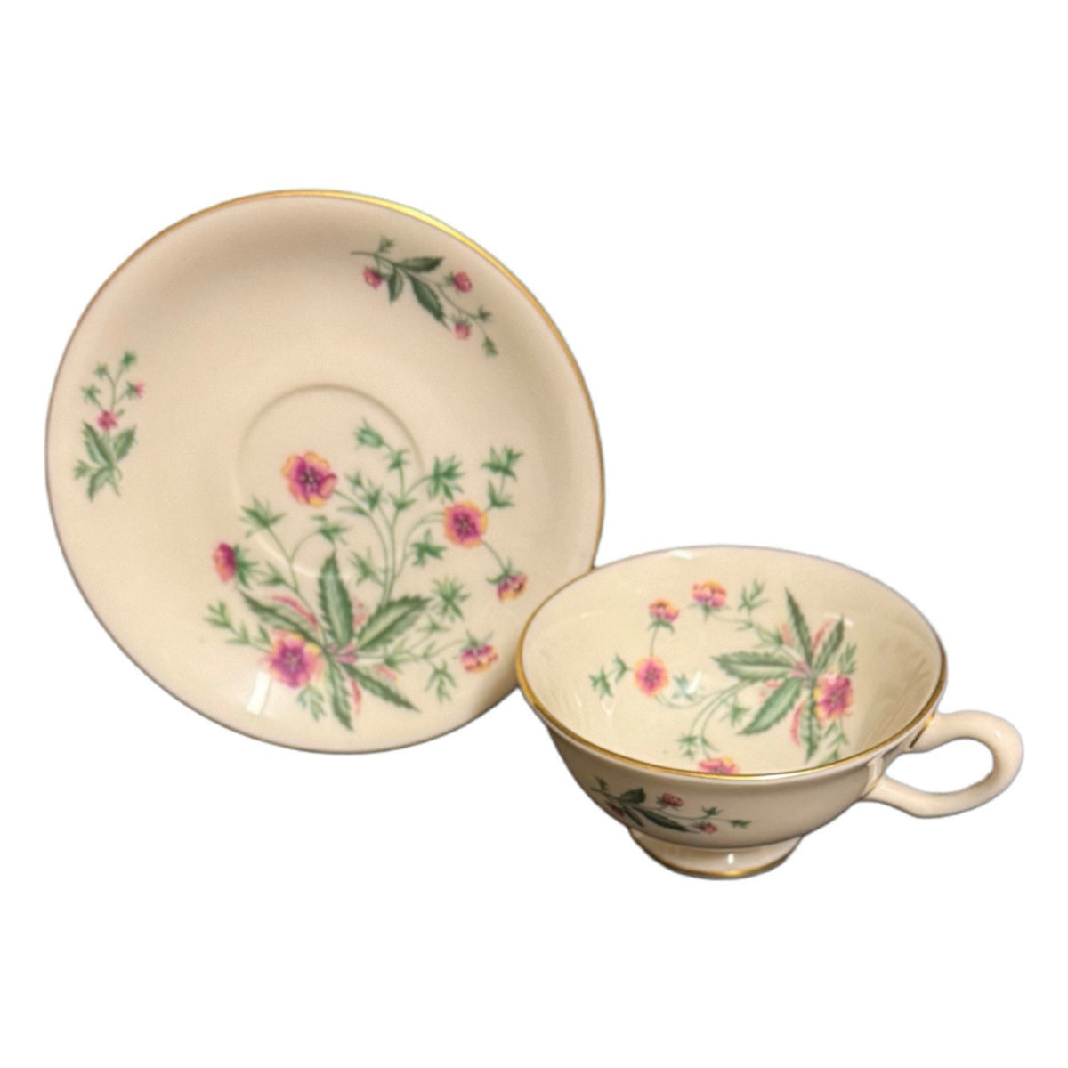 Lenox Country Garden W-302 Set of 7 Cups & Saucers USA Floral Gold Trim