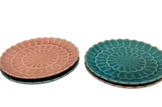 Japanese Lotus Flower 4-Plates Kotobuki Turquoise Pink Celadon Style Ceramic