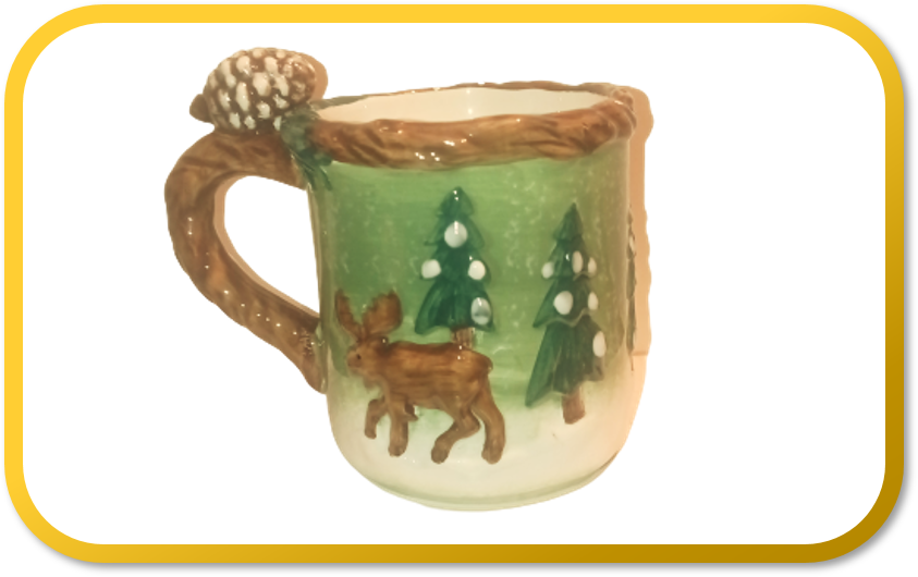 Christmas Coffee Mug Tree Moose  Pine Cone Home Holiday Ceramic 12 oz Tea Cup.