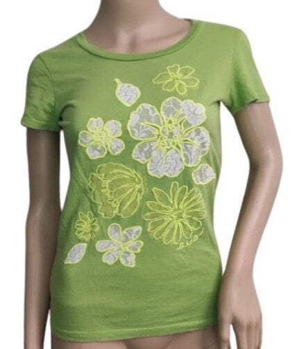 Aeropostale T-Shirt Floral Woman Cotton Top Crew Neck Md. Green Tee
