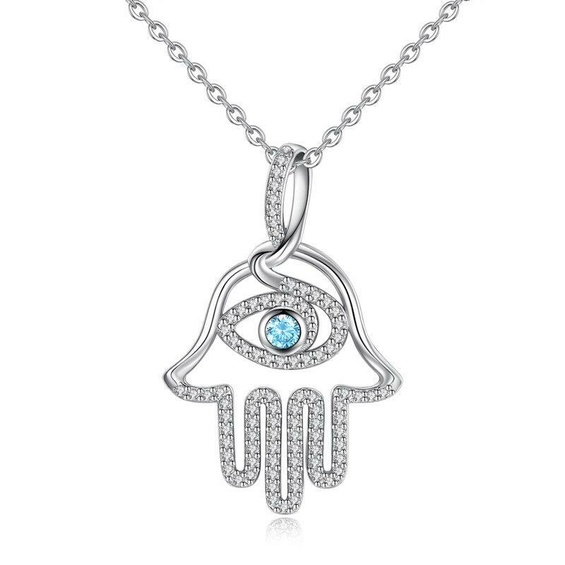 Necklace Charm Hand of Fatima Hamsa Eye Aqua Blue Stone Sterling Silver Khamsa