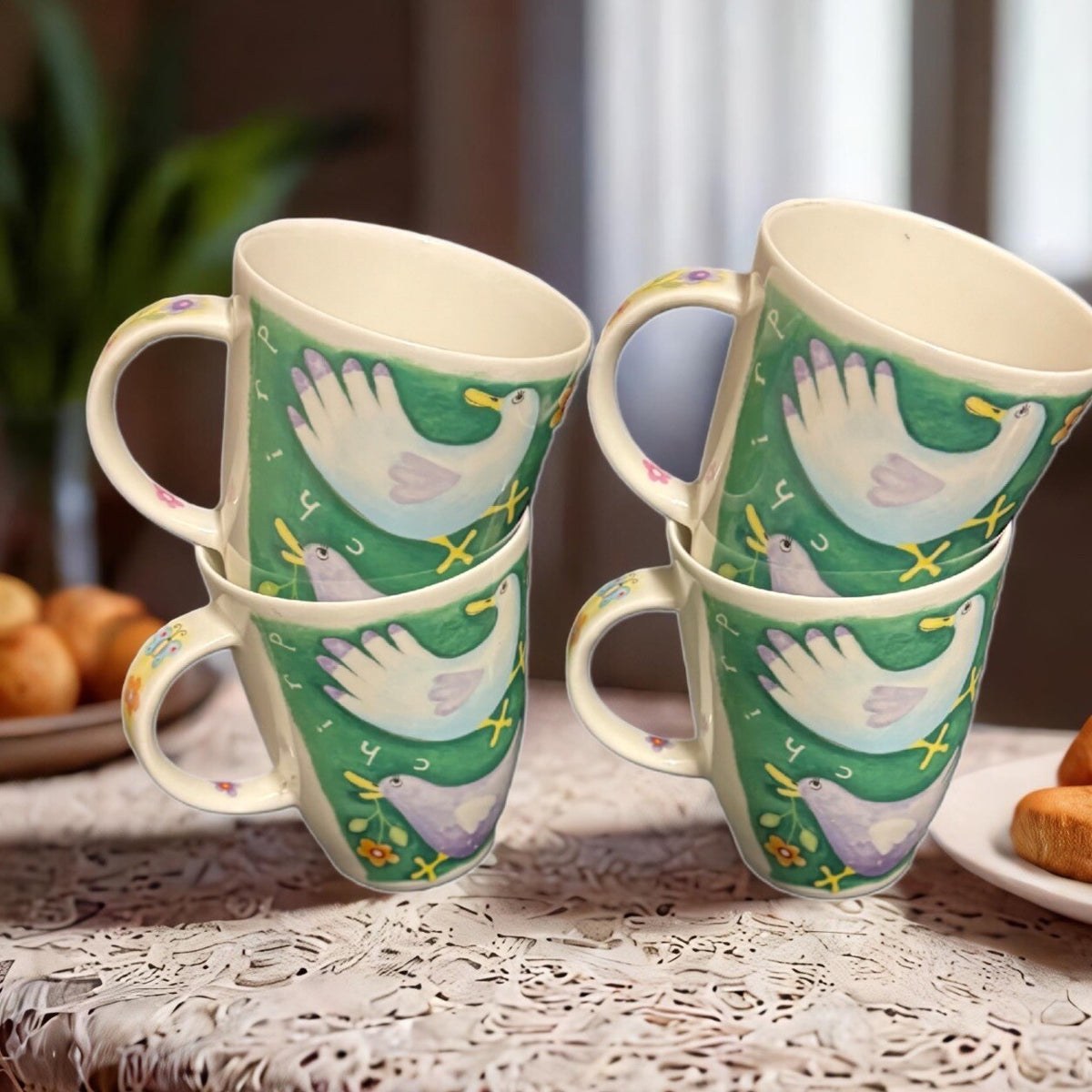 Roy Kirkham 4-Mugs COUNTRY CAPERS Farm Pig  Birds Floral OINK Bone China England