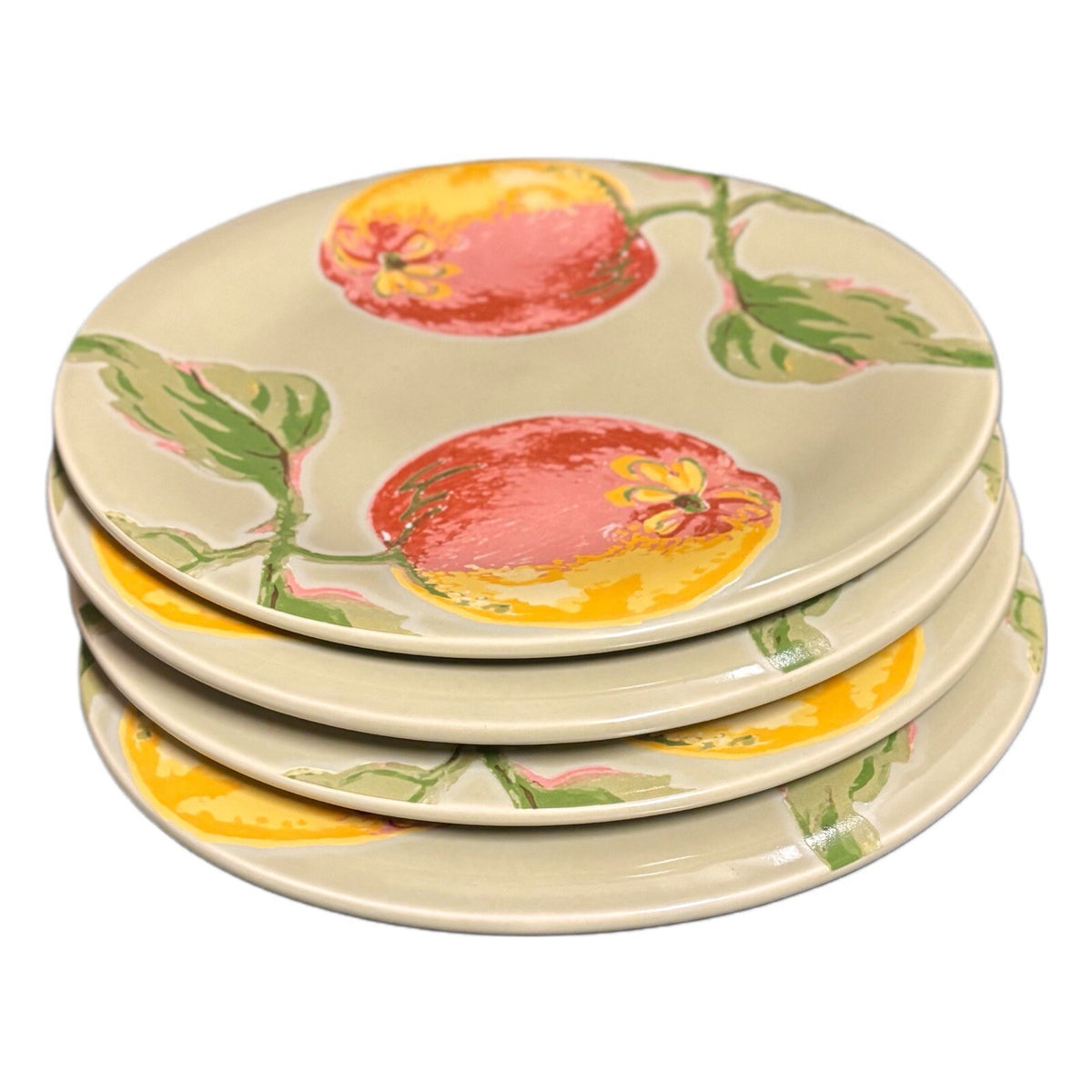 APRIL CORNELL 4 Salad Plates by Silvestri Peaches Ceramic Dessert Luncheon Dish