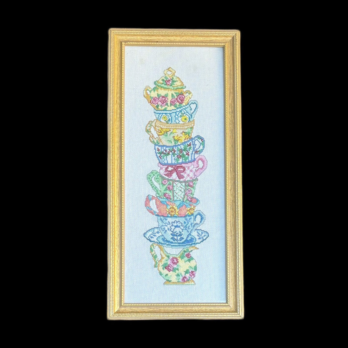 Framed Needlework Stacked Colorful Tea Cups Wall Hanger Cross Stitch