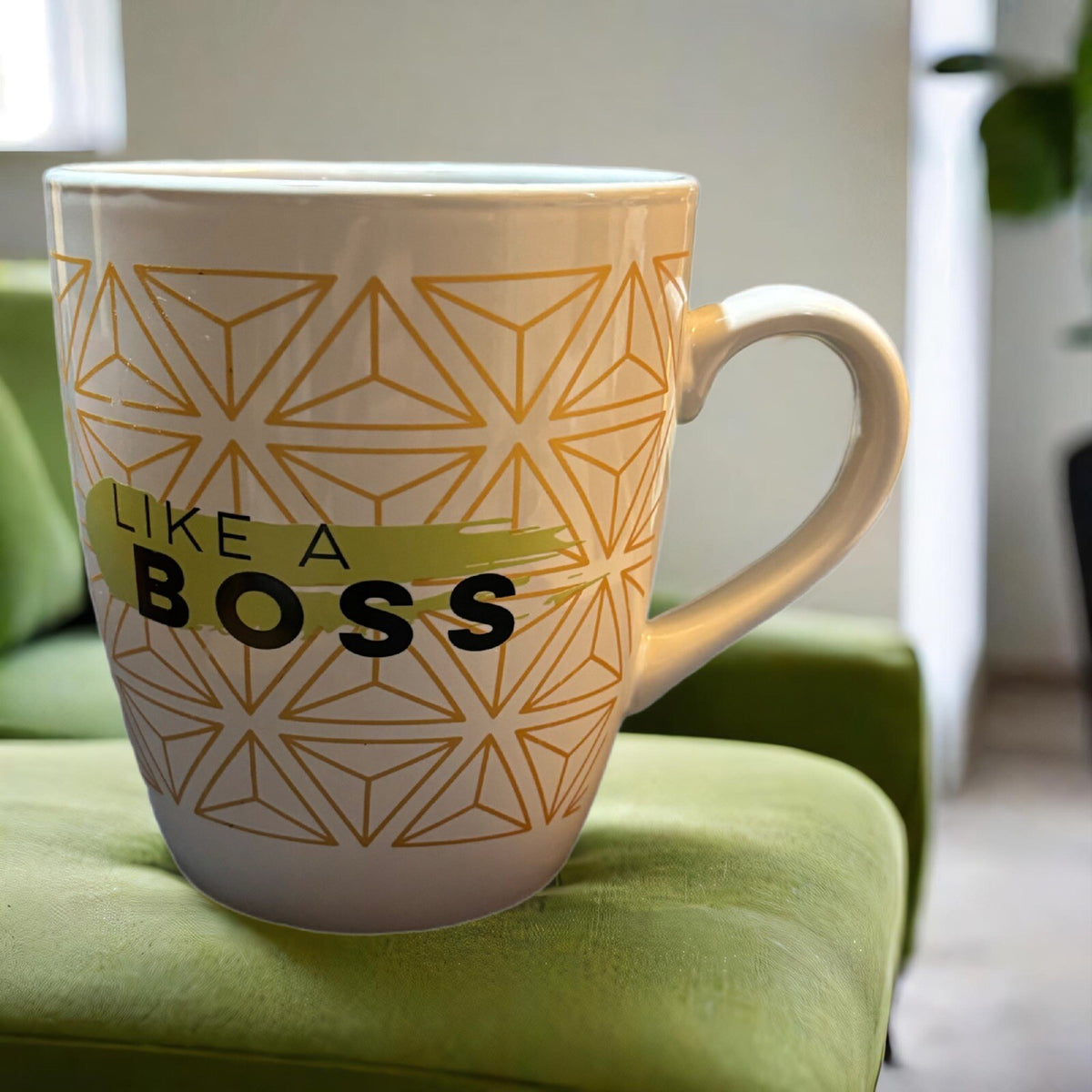 LIKE A BOSS Mug Coffee Tea Ceramic Cup White Gold Green Black Geometric 24oz