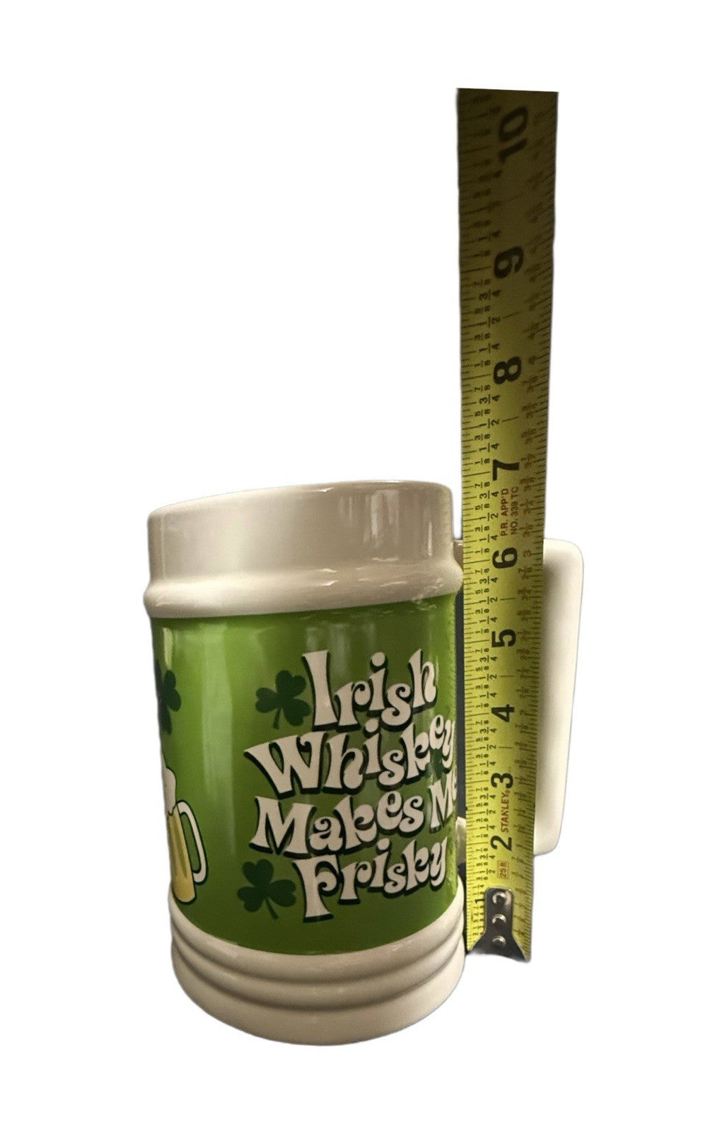 Irish Whiskey Makes Me Frisky Beer Stein Mug Shamrock St Patrick’s Green 7”H
