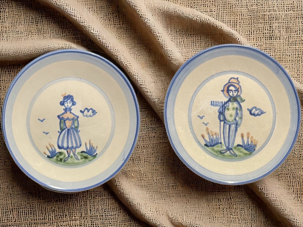 MA Hadley Pottery Plates Set of 2 Farmer Man Woman Hand Painted USA Folk Art