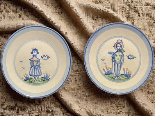 MA Hadley Pottery Plates Set of 2 Farmer Man Woman Hand Painted USA Folk Art